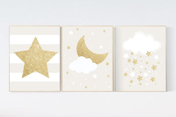 Gender neutral nursery, beige gold, Neutral nursery decor, Nursery decor girl, nursery decor boy, gold nursery wall art, cloud, star, moon