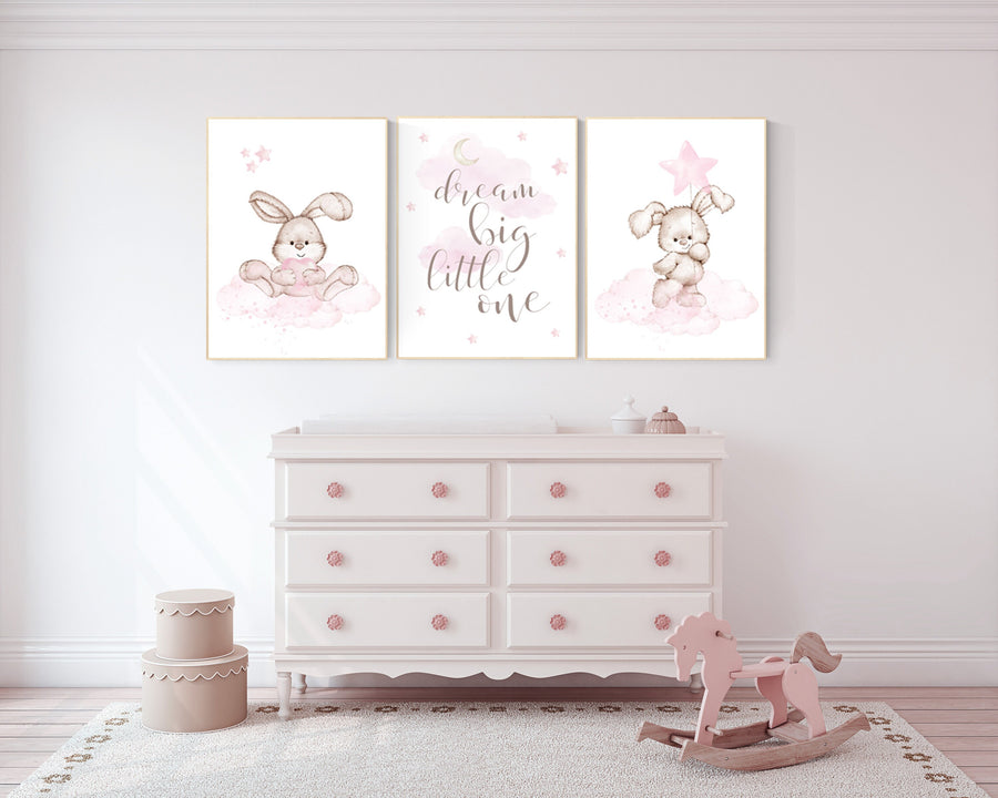Nursery decor girl bunny, bunny print set, dream big little one, rabbit nursery, girl nursery, nursery wall art bunny, Bunny print nursery