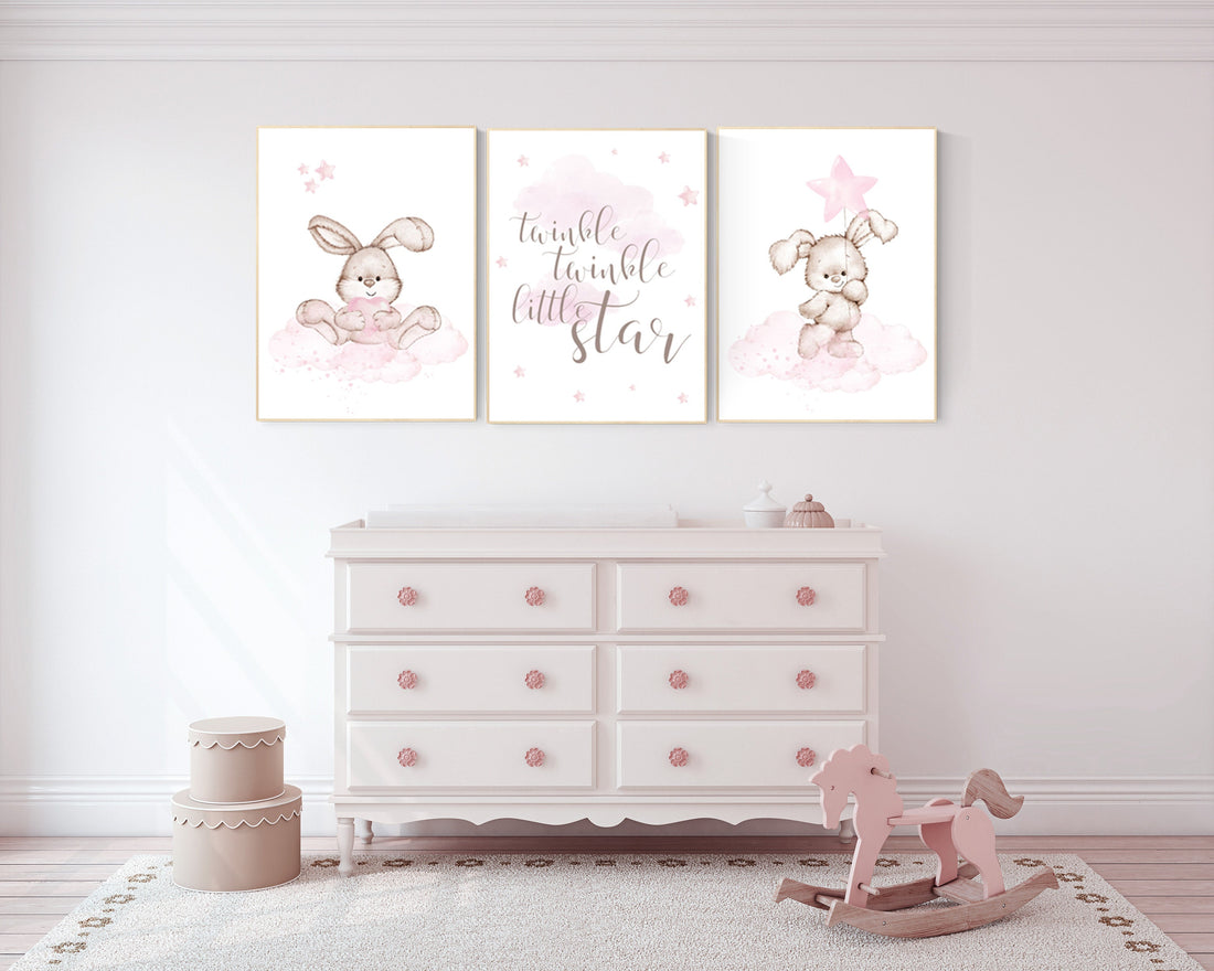 Nursery decor girl bunny, bunny print set, twinkle twinkle little star, rabbit nursery, girl nursery, nursery wall art bunny, Bunny print