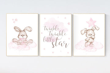 Nursery decor girl bunny, bunny print set, twinkle twinkle little star, rabbit nursery, girl nursery, nursery wall art bunny, Bunny print