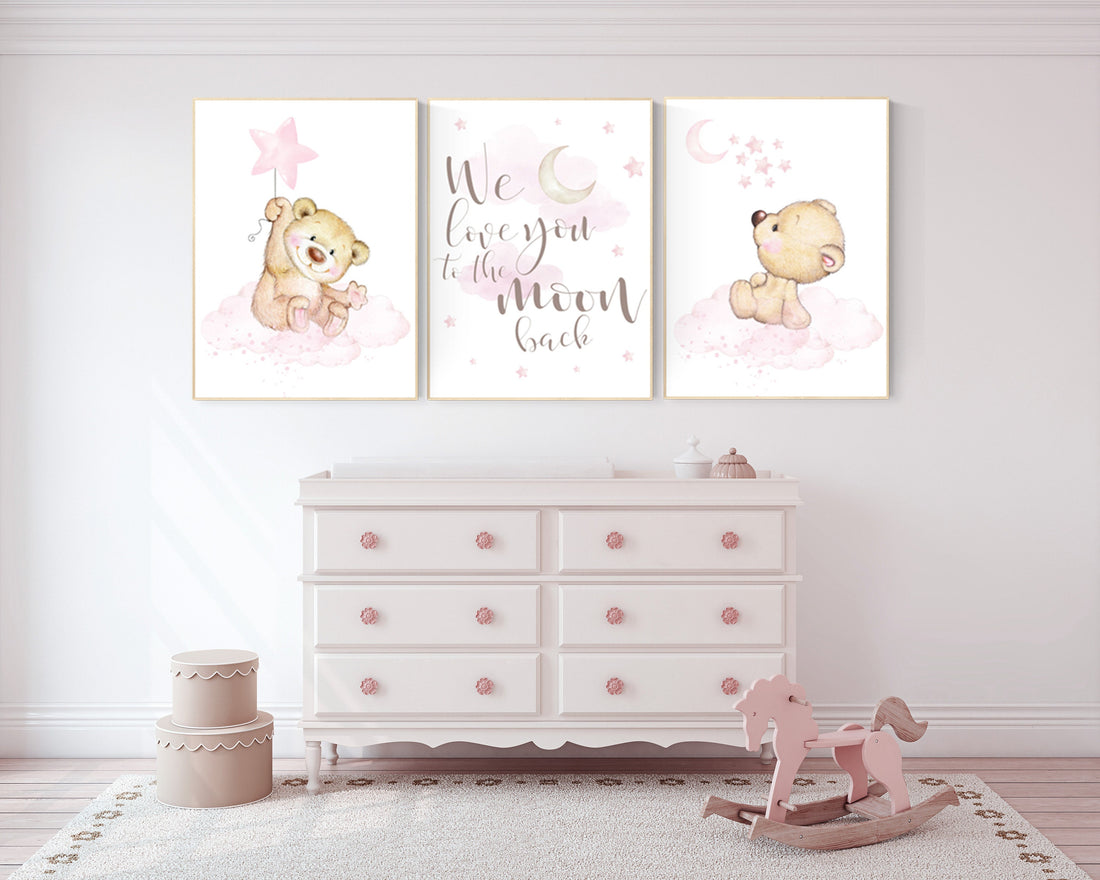 We love you to the moon and back, Bear nursery decor for girls, nursery decor girl, girl nursery decor, nursery wall art girl, teddy bear