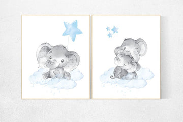 Nursery decor boy elephant, nursery wall art elephant, baby room decor boy, cloud and stars, Elephant Nursery Art, star nursery, elephant
