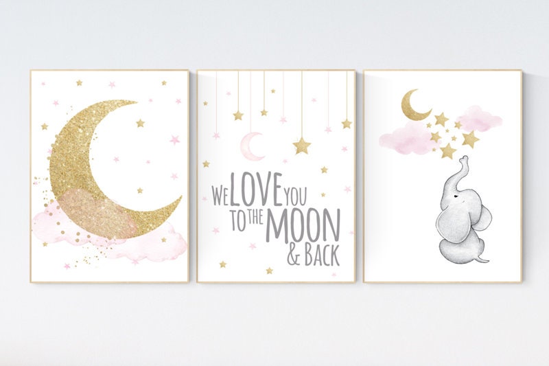 Nursery wall art girl elephant, pink and gold nursery, we love you to the moon and back, pink nursery art, cloud and stars, baby room decor