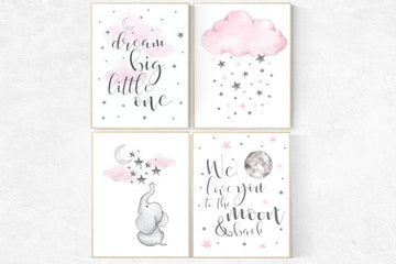 Nursery decor girl wall art, elephant nursery, Nursery decor girl, we love you to the moon and back, pink nursery prints, cloud and star