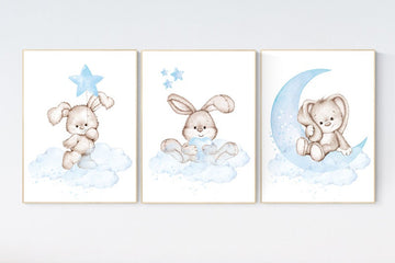 Nursery decor boy bunny, bunny print set, blue nursery, rabbit nursery decor, boy nursery, Bunny print nursery, boy nursery wall art