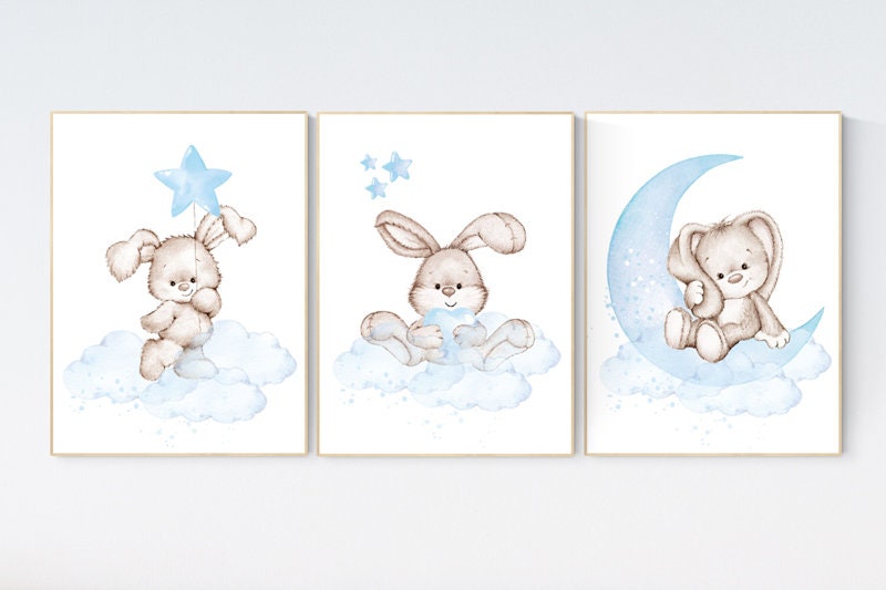 Nursery decor boy bunny, bunny print set, blue nursery, rabbit nursery decor, boy nursery, Bunny print nursery, boy nursery wall art