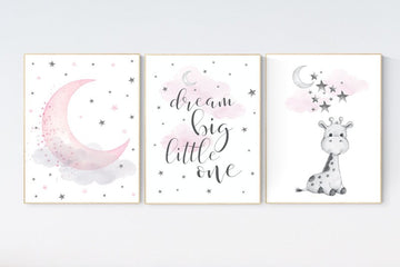 Nursery decor girl, nursery wall art girl, giraffe nursery, Pink and gray nursery, dream big little one, moon and stars nursery, cloud