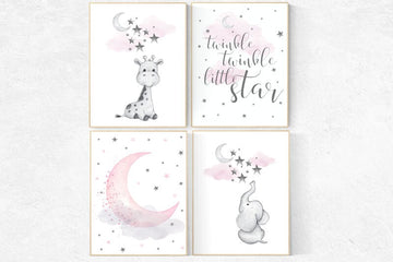 Girl nursery decor elephant, girl nursery wall decor, nursery wall art girl, giraffe nursery, Pink and gray nursery, moon and stars nursery