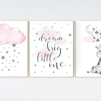 Girl nursery decor, Nursery decor girl, nursery wall art girl, giraffe nursery, Pink and gray nursery, dream big little one, moon and stars