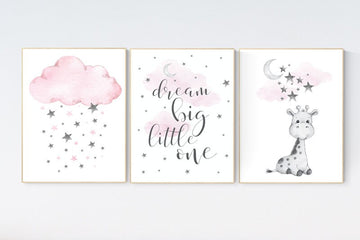 Girl nursery decor, Nursery decor girl, nursery wall art girl, giraffe nursery, Pink and gray nursery, dream big little one, moon and stars
