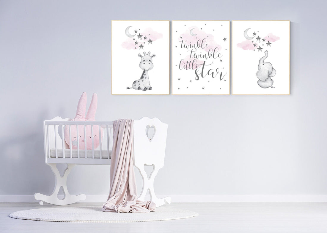 Girl nursery decor elephant, Nursery wall art elephant, nursery wall art girl, giraffe nursery, nursery girl wall art, moon and stars