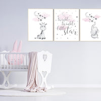 Girl nursery decor elephant, Nursery wall art elephant, nursery wall art girl, giraffe nursery, nursery girl wall art, moon and stars