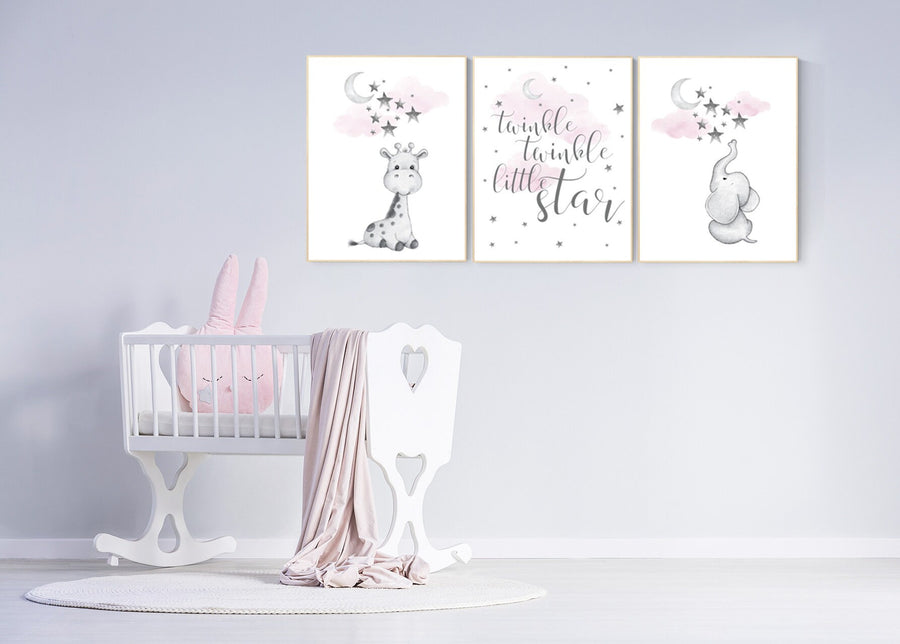 Girl nursery decor elephant, Nursery wall art elephant, nursery wall art girl, giraffe nursery, nursery girl wall art, moon and stars