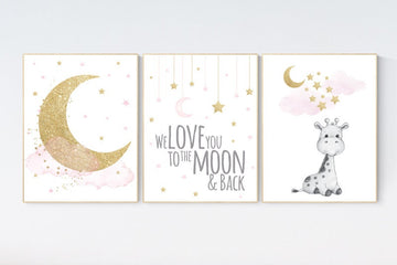 Nursery wall art girl, giraffe nursery, baby room decor girl gold and pink, we love you to the moon and back, cloud and stars, girl nursery