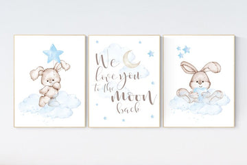 We love you to the moon and back, Nursery decor boy bunny, bunny print set, rabbit nursery decor, boy nursery, Bunny print, boy nursery art