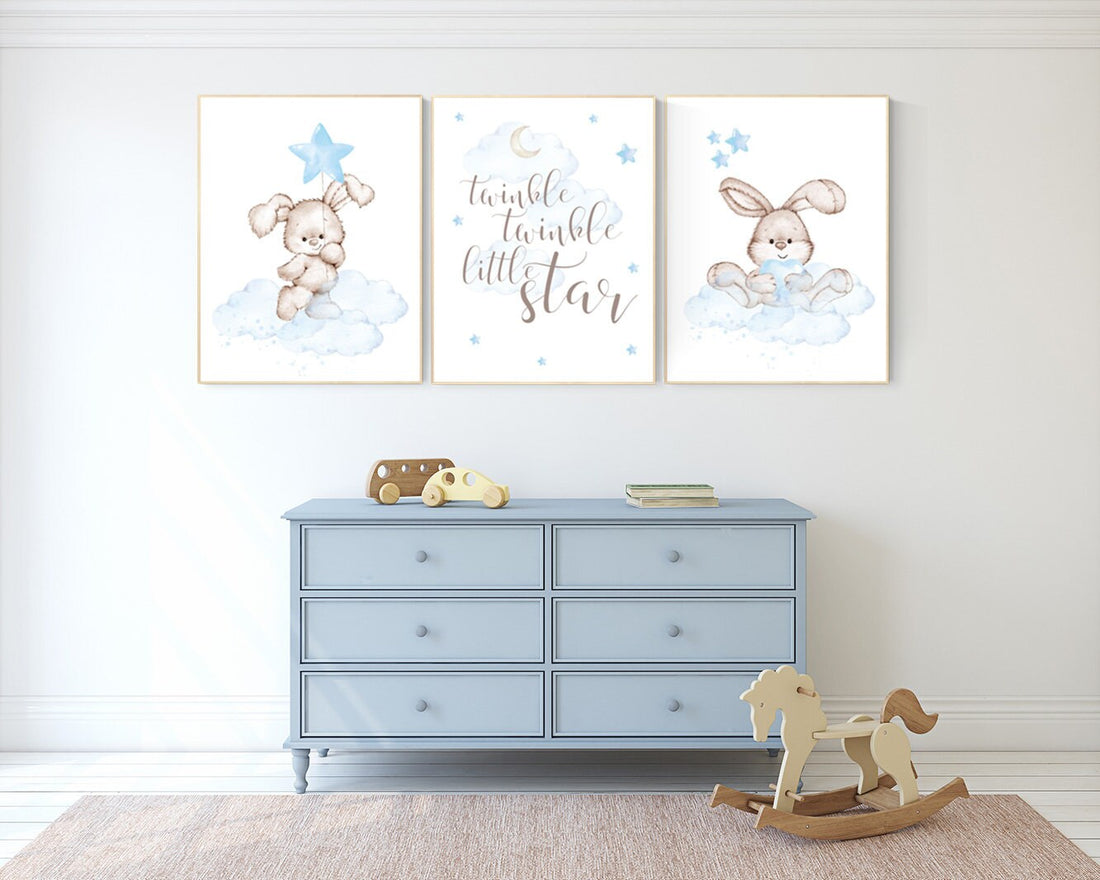 Nursery decor boy bunny, bunny print set, twinkle twinkle little star, rabbit nursery decor, boy nursery, Bunny print, boy nursery art