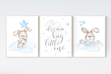 Nursery decor bunny, dream big little one, Nursery decor boy, rabbit nursery decor, Bunny print, boy nursery wall art, woodland animals