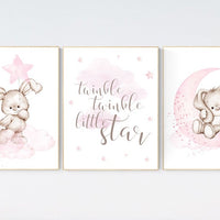 Nursery decor girl bunny, bunny print set, twinkle twinkle little star, rabbit nursery, girl nursery, nursery wall art bunny, Bunny print