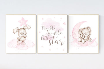 Nursery decor girl bunny, bunny print set, twinkle twinkle little star, rabbit nursery, girl nursery, nursery wall art bunny, Bunny print