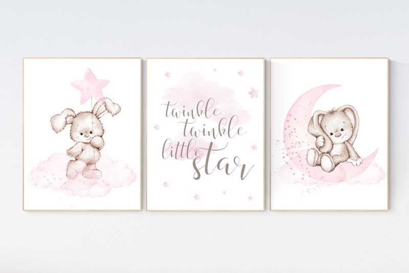 Nursery decor girl bunny, bunny print set, twinkle twinkle little star, rabbit nursery, girl nursery, nursery wall art bunny, Bunny print