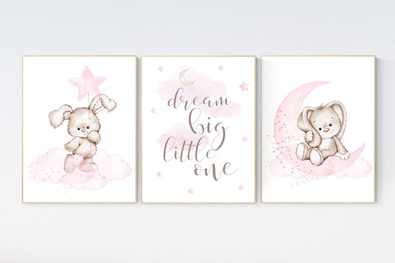 Nursery decor girl bunny, bunny print set, dream big little one, rabbit nursery, girl nursery, nursery wall art bunny, Bunny print nursery