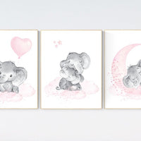 Elephant nursery art, elephant nursery print, pink and gray nursery, cloud and stars nursery, baby room decor girl, nursery prints girl