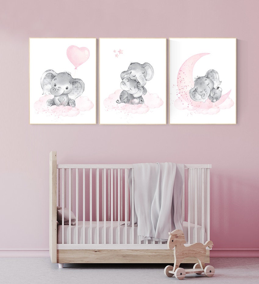 Elephant nursery art, elephant nursery print, pink and gray nursery, cloud and stars nursery, baby room decor girl, nursery prints girl