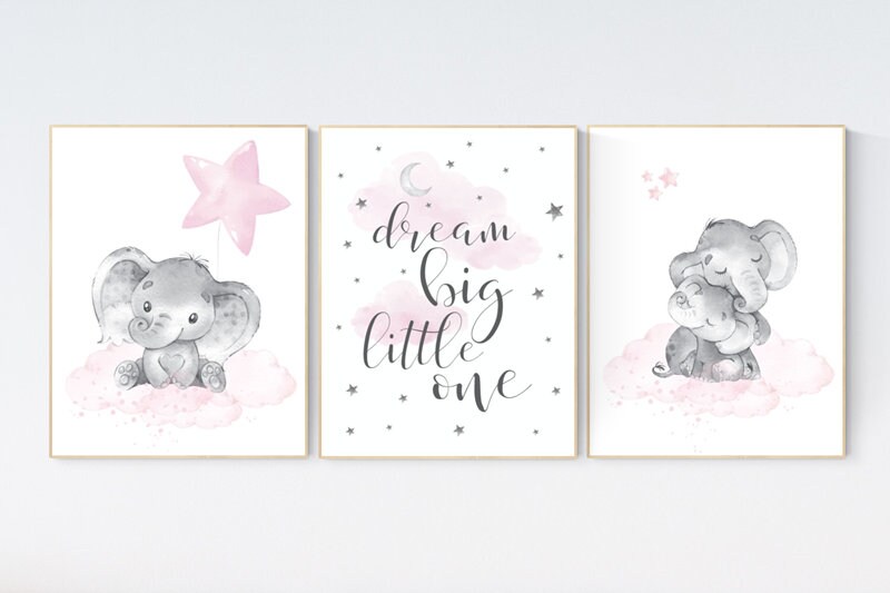 Elephant nursery, nursery wall art elephant, nursery decor girl, dream big little one, pink nursery, baby room decor girl, nursery prints