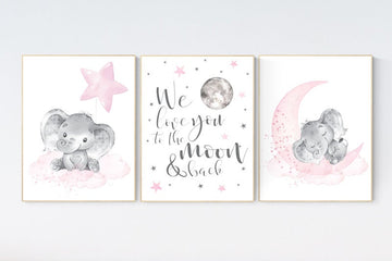 Nursery decor girl Elephant, pink grey nursery, nursery wall art,  girl nursery wall decor, pink gray, we love you to the moon and back