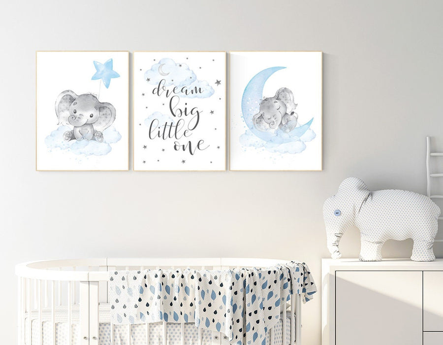 Nursery decor boy elephant, nursery wall art elephant, baby room decor boy, dream big little one, Elephant Nursery Art, Baby Boy Nursery Art