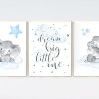 Nursery decor boy elephant, dream big little one, Elephant Nursery Art, Baby Boy Nursery Art, nursery wall art elephant, baby room decor boy