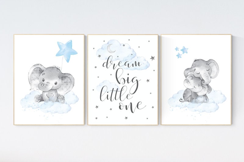 Nursery decor boy elephant, dream big little one, Elephant Nursery Art, Baby Boy Nursery Art, nursery wall art elephant, baby room decor boy