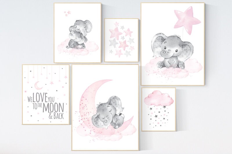 Nursery wall art girl elephant, pink grey, nursery decor girl pink, we love you to the moon and back, moon and stars, baby room decor girl
