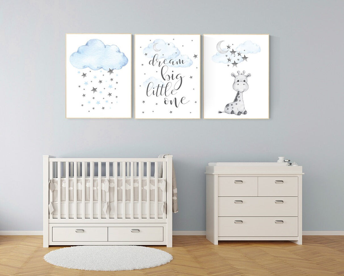 Giraffe print nursery, nursery decor boy, blue nursery art, giraffe nursery decor, dream big little one, cloud and star nursery, boy room