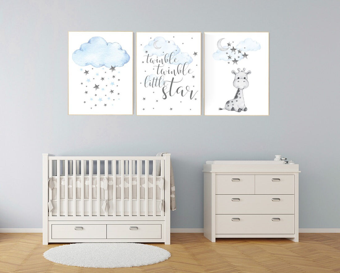 Giraffe art nursery, nursery decor boy, blue nursery art, giraffe nursery decor, twinkle twinkle little star, cloud and star nursery, boy
