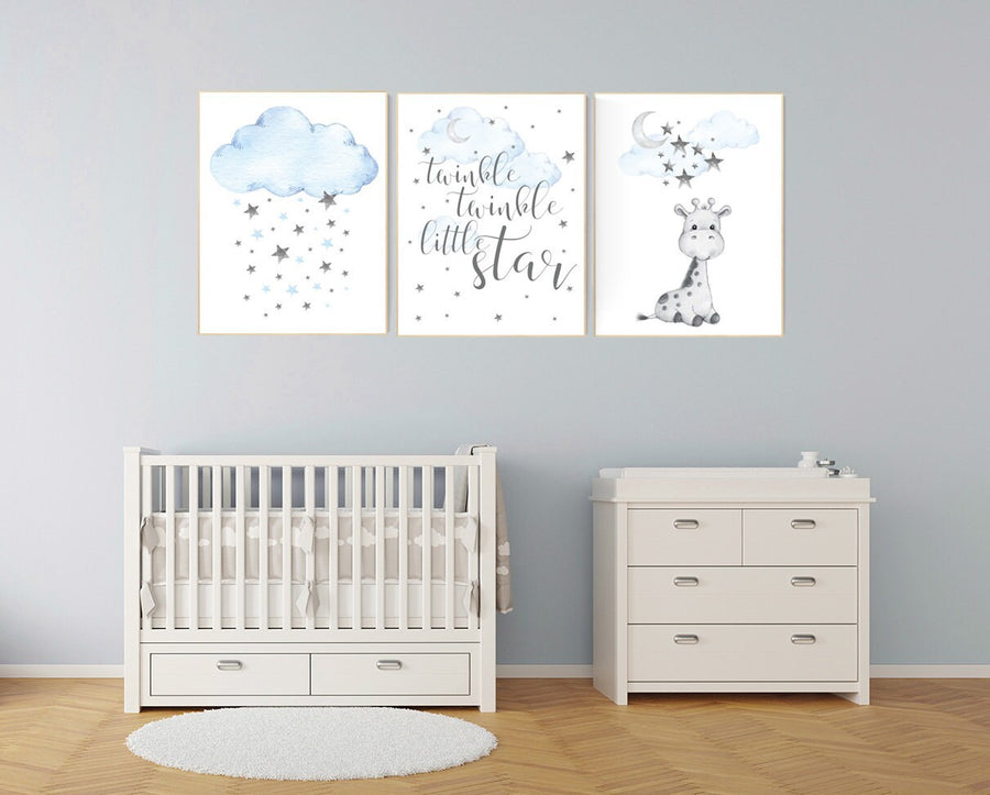 Giraffe art nursery, nursery decor boy, blue nursery art, giraffe nursery decor, twinkle twinkle little star, cloud and star nursery, boy