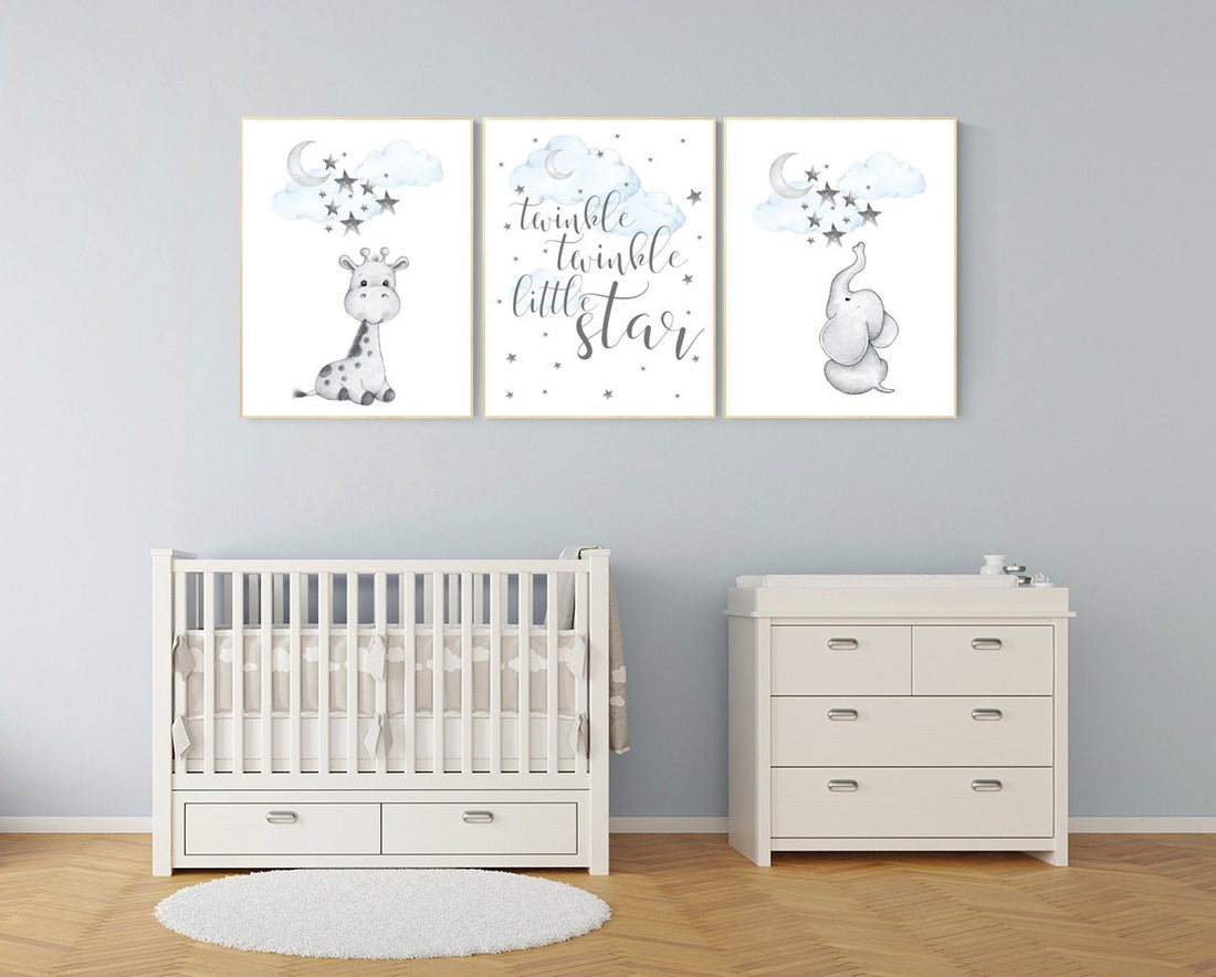 boy nursery decor elephant, nursery decor boy, blue nursery art, giraffe print nursery, elephant decor, twinkle twinkle little star