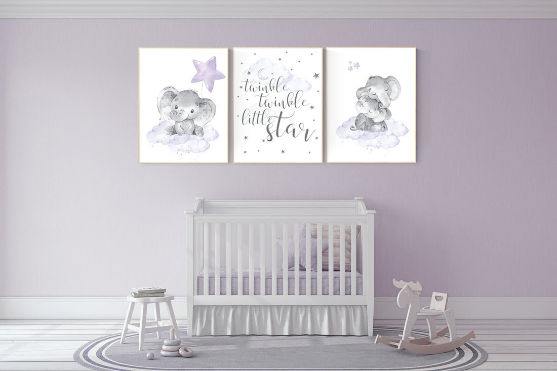 Nursery decor girl purple, nursery prints elephant, Girls room decor purple, moon and stars, lavender, star nursery, lilac nursery, cloud
