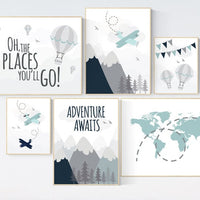 Adventure nursery wall art, travel themed kids room, airplane wall decor, oh the places print, baby boy travel artwork, aviation nursery set