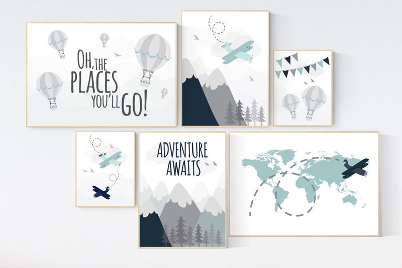 Adventure nursery decor, nursery decor boy adventure, nursery decor boy airplane, world map nursery, adventure awaits, oh the places