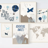 Nursery decor boy mountains adventure, mountain nursery art, adventure awaits. mountain, hot air balloon, planes, world map, gender neutral