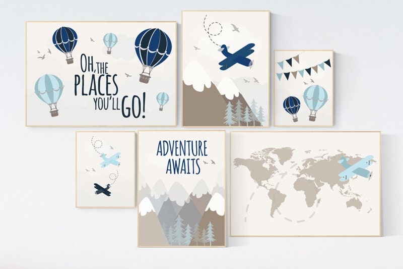 Nursery decor boy mountains adventure, mountain nursery art, adventure awaits. mountain, hot air balloon, planes, world map, gender neutral