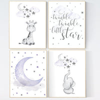 Nursery decor girl purple, nursery decor girl giraffe, purple nursery print, nursery decor elephant, elephant giraffe, twinkle twinkle