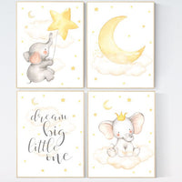 Nursery decor elephant, nursery wall art neutral, dream big little one, baby wall art elephant, baby room decor gender neutral, cloud, star