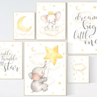 Nursery decor elephant, nursery wall art neutral, dream big little one, baby wall art elephant, baby room decor gender neutral, cloud, star