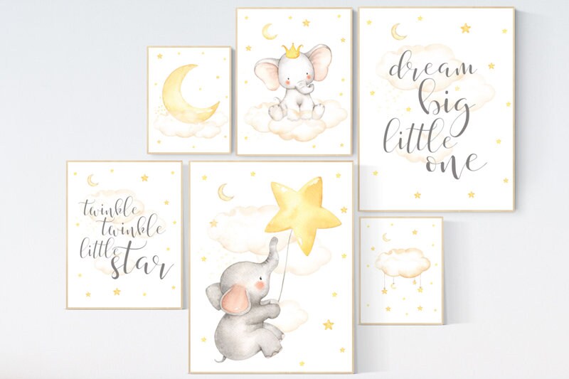 Nursery decor elephant, nursery wall art neutral, dream big little one, baby wall art elephant, baby room decor gender neutral, cloud, star