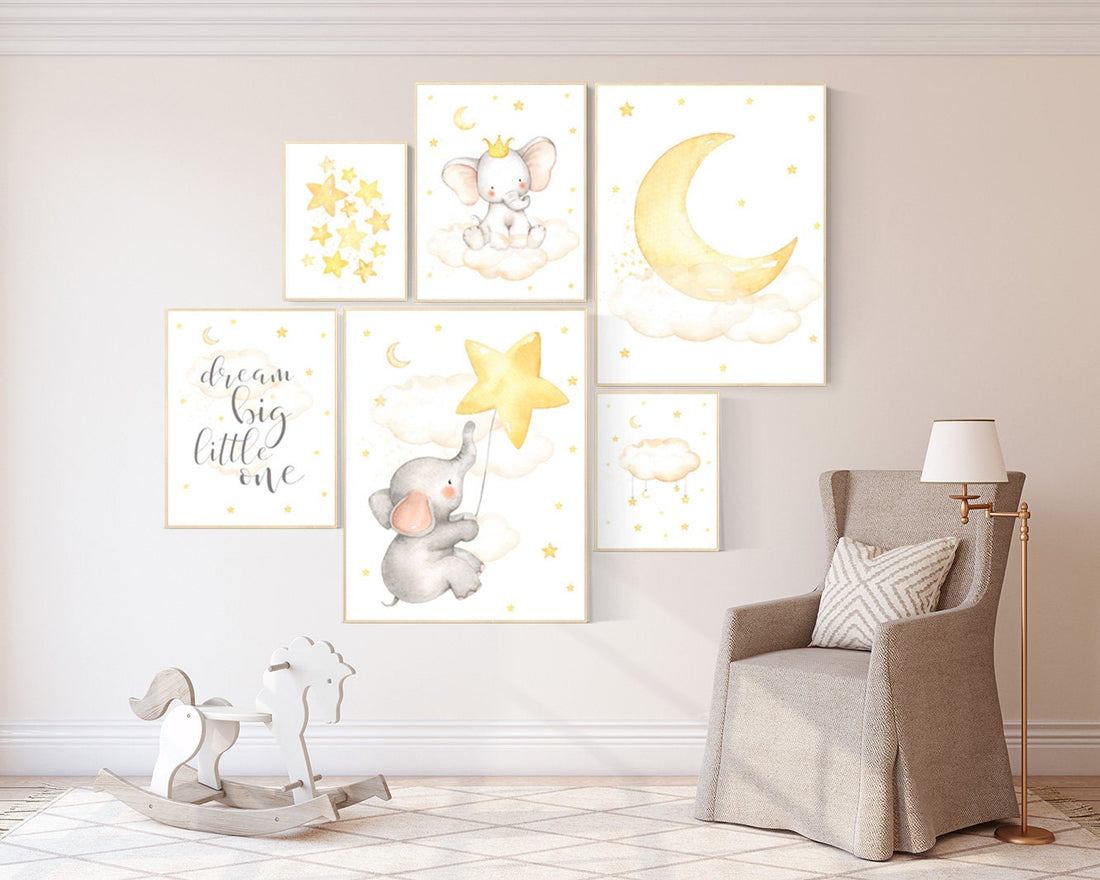Nursery decor elephant, nursery wall art neutral, twinkle twinkle little star, baby wall art elephant, baby room decor, moon and stars