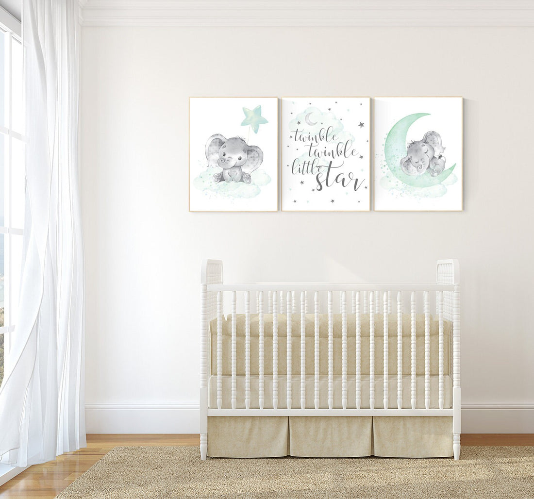 Elephant nursery art, elephant nursery print, mint nursery decor, cloud and stars nursery, baby room , gender neutral, aqua, moon and stars