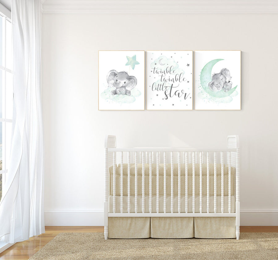 Elephant nursery art, elephant nursery print, mint nursery decor, cloud and stars nursery, baby room , gender neutral, aqua, moon and stars