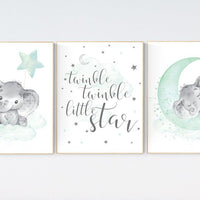 Elephant nursery art, elephant nursery print, mint nursery decor, cloud and stars nursery, baby room , gender neutral, aqua, moon and stars